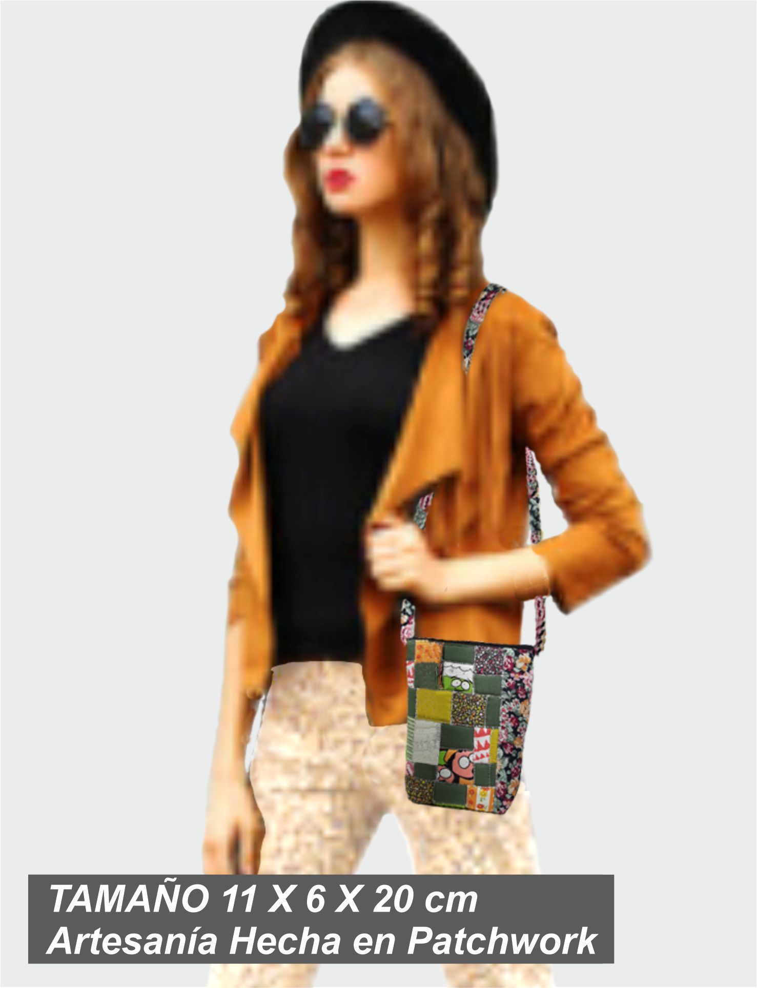 1 TAMAÑO CON MODELO JBE-03-0009 BOLSO EN PATCHWORK 11 X 6 X 20 cm